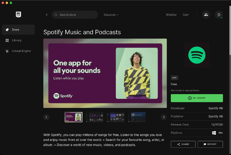 我一定不是最后一个知道的音乐软件 Spotify 居然有在游戏商城 Epic Games 上架via Genie Tammy