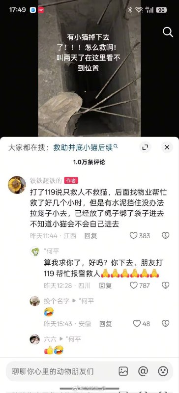 你下去救猫，然后打119救人
