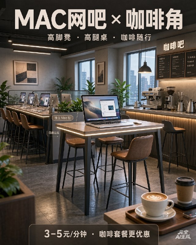 开mac笔记本网吧，用高脚凳，高腿桌