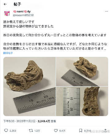 岛国网友发推表示，从冰箱蔬菜室里翻出了一块蜜汁物体